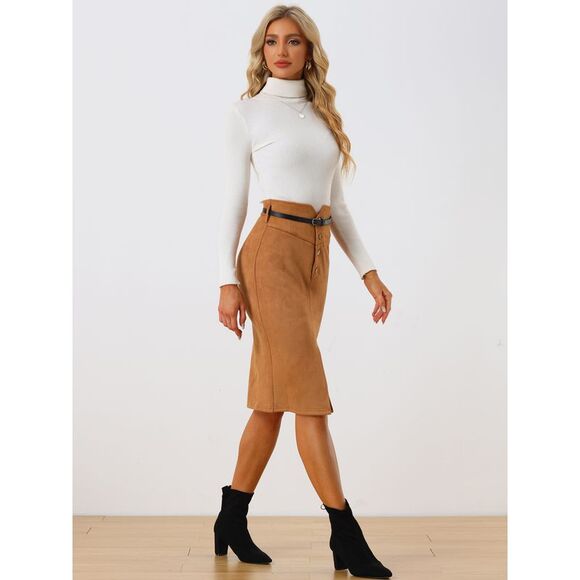 Faux Suede Skirt High Rise Button Front A-line Slit Skirt Brown - Picture 4 of 6